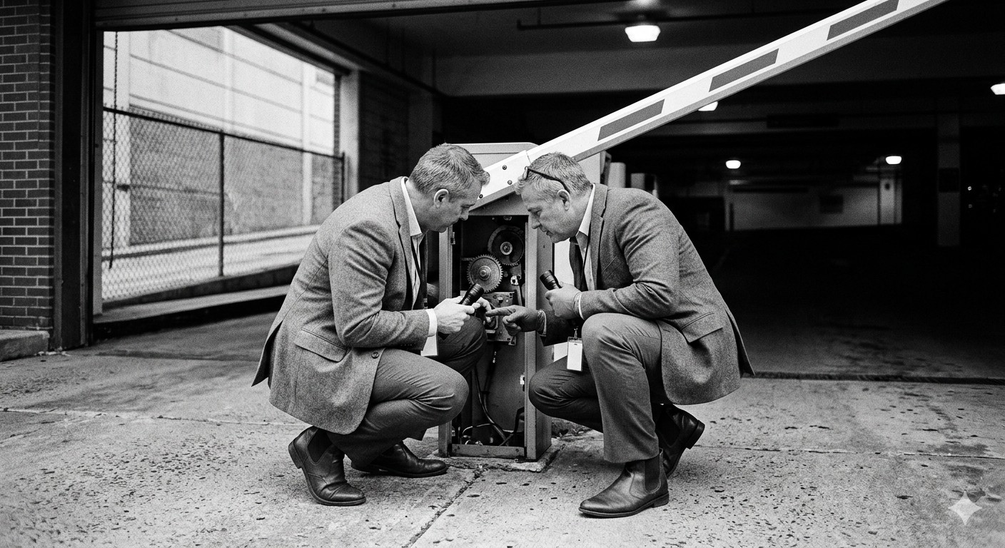 Close-up of a parking barrier gate with cost overlay graphics