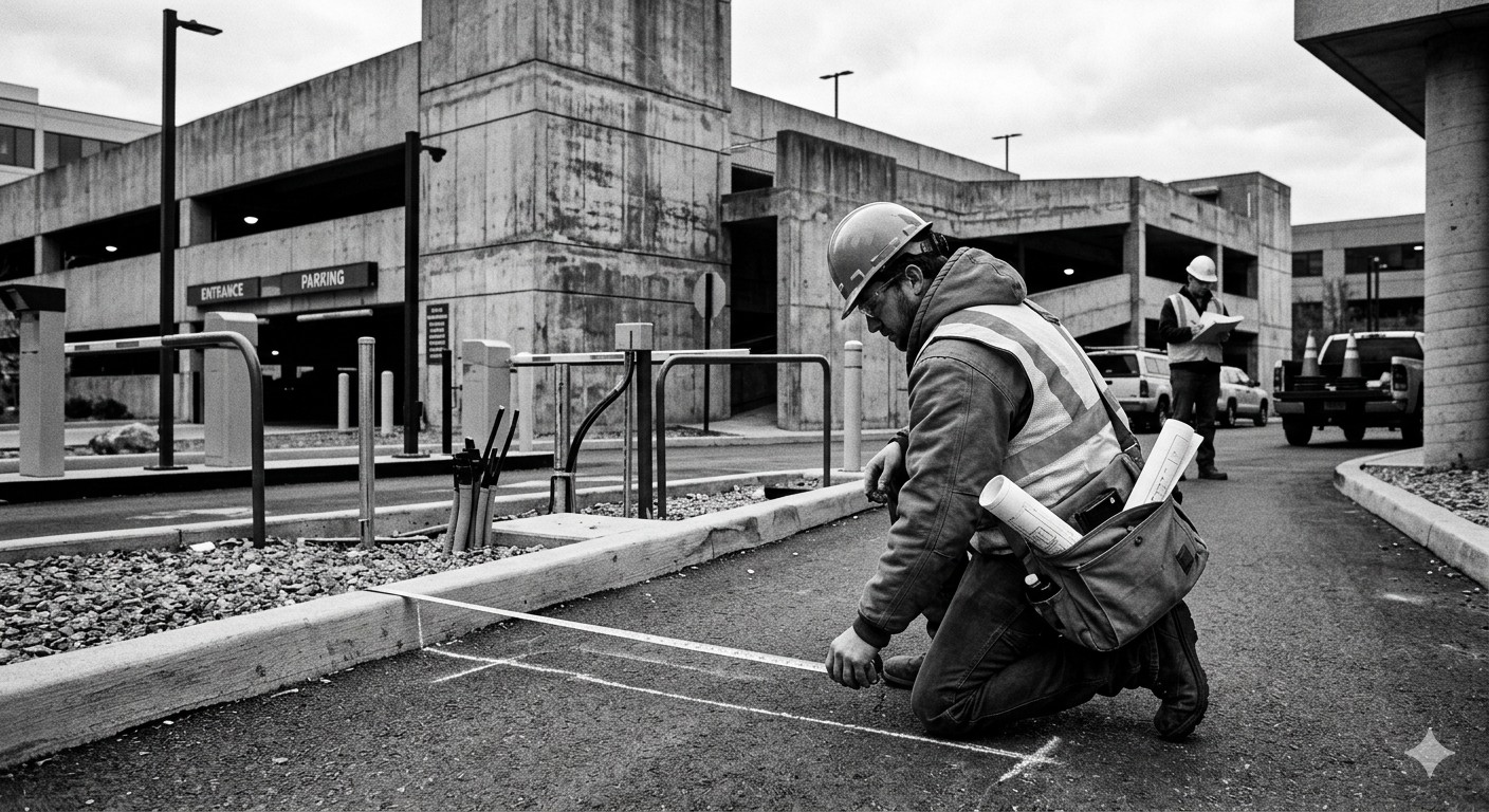 Engineer conducting a site survey at a parking lot entrance with measuring equipment and barrier gate plans