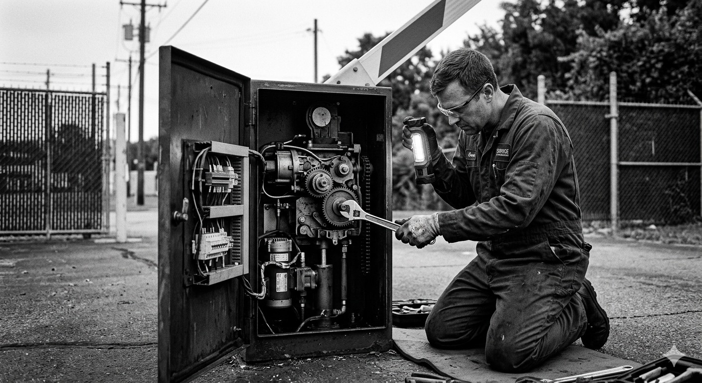 Technician performing preventive maintenance on a barrier gate motor and arm mechanism
