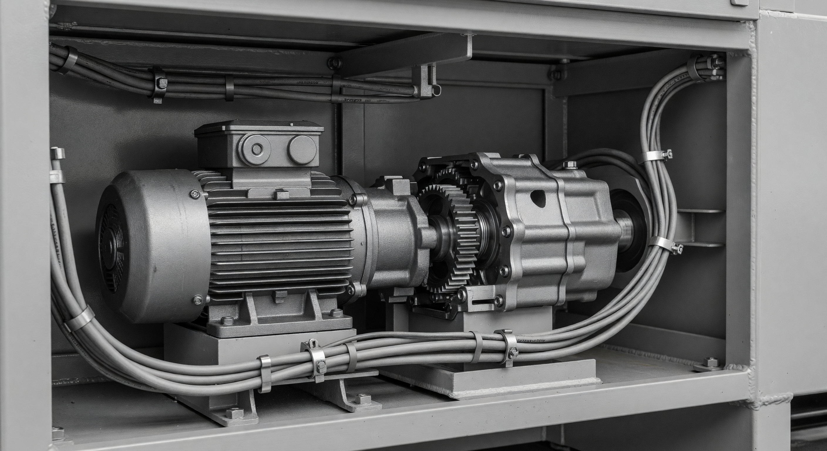 Exposed interior of a parking barrier gate housing showing motor and gearbox assembly