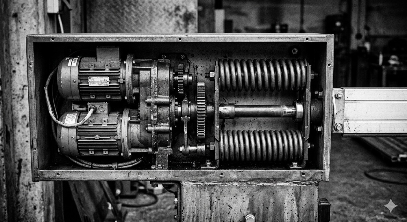 Cutaway view of a barrier gate motor housing showing internal gear mechanism and drive components