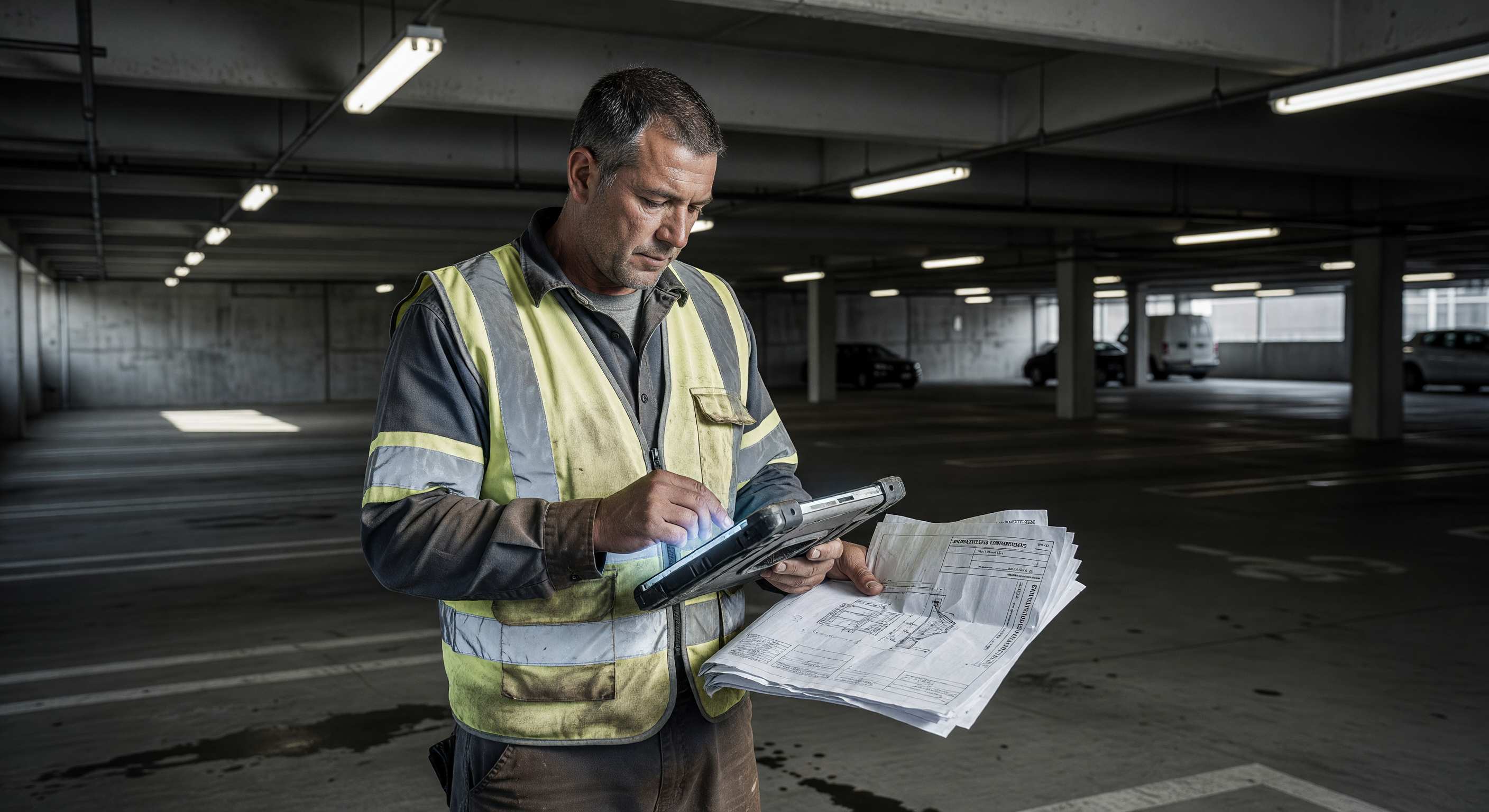 Technician inspecting a commercial parking barrier gate with diagnostic equipment