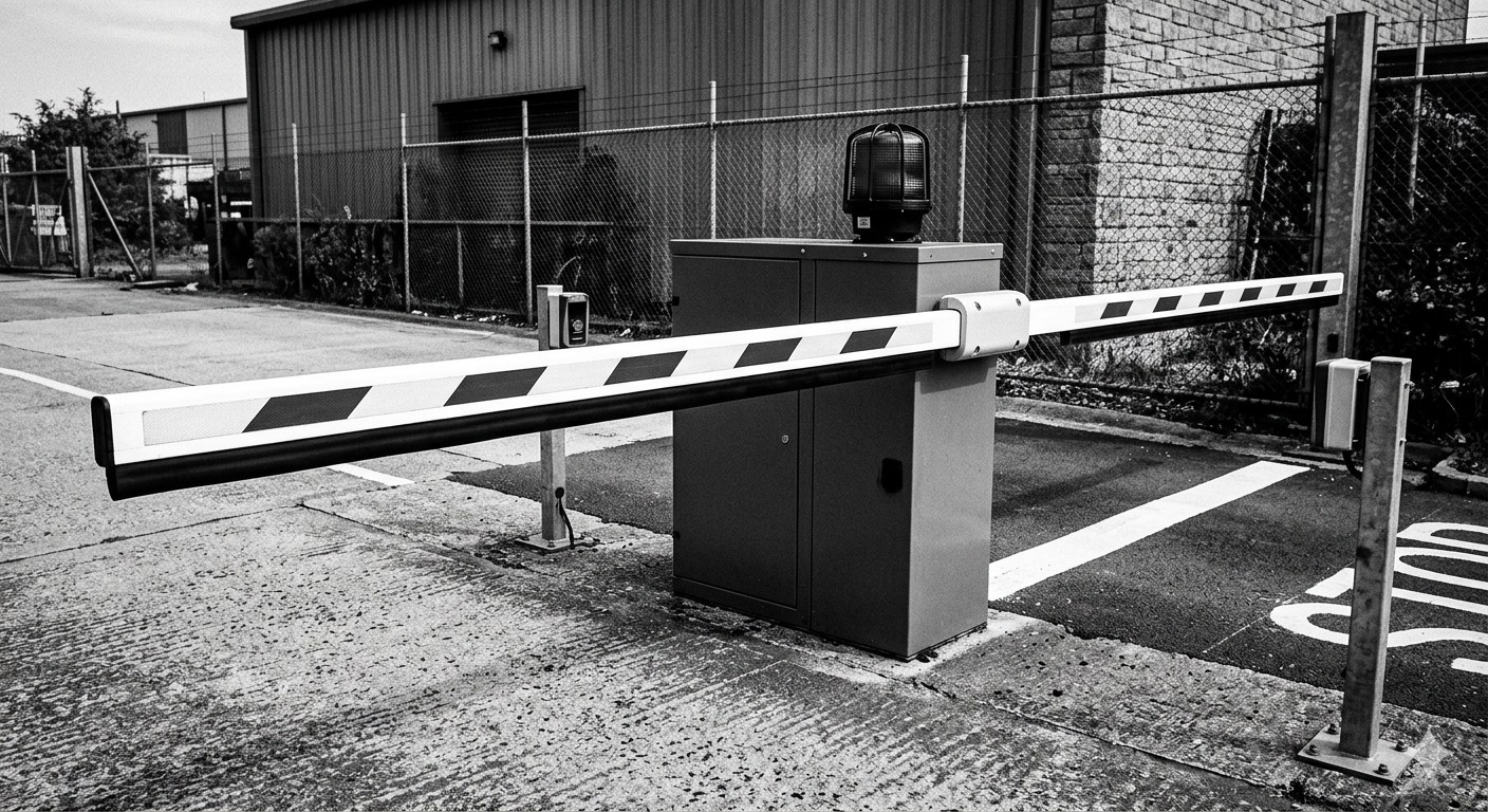 Safety compliance label on a barrier gate housing showing UL 325 certification mark