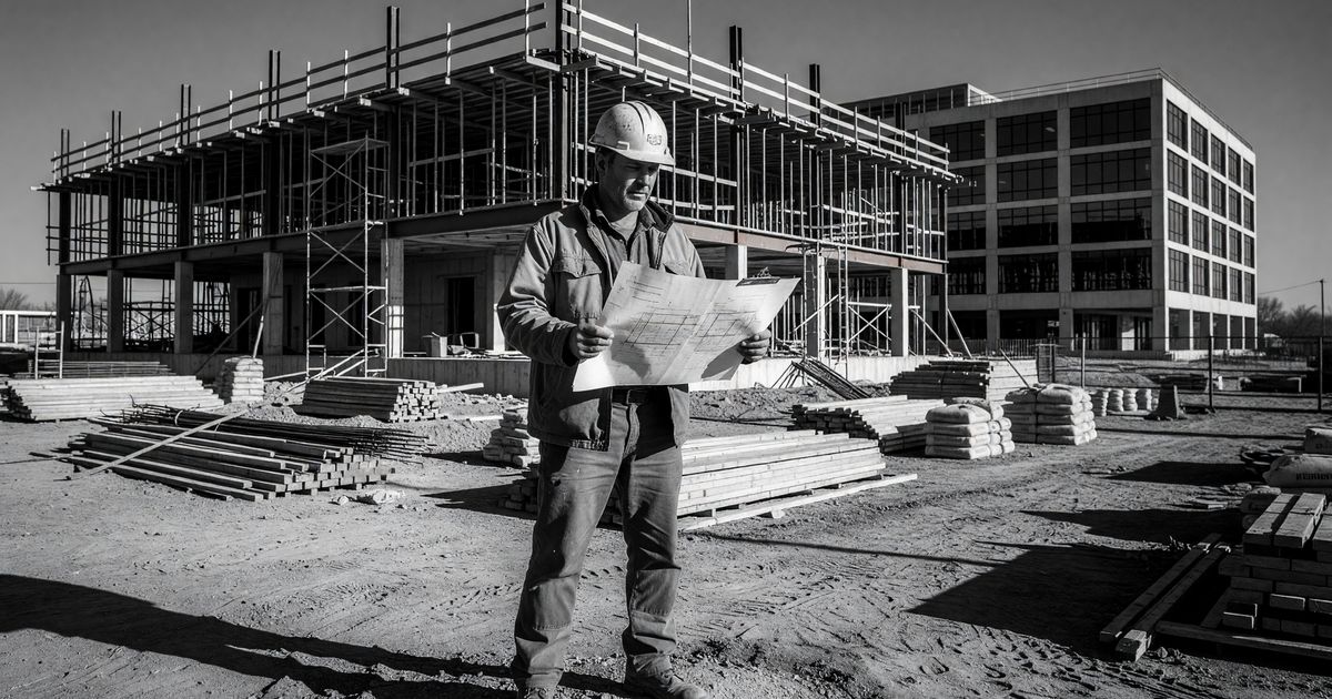 Site supervisor in hard hat reviewing assessment documents at a commercial property before installation