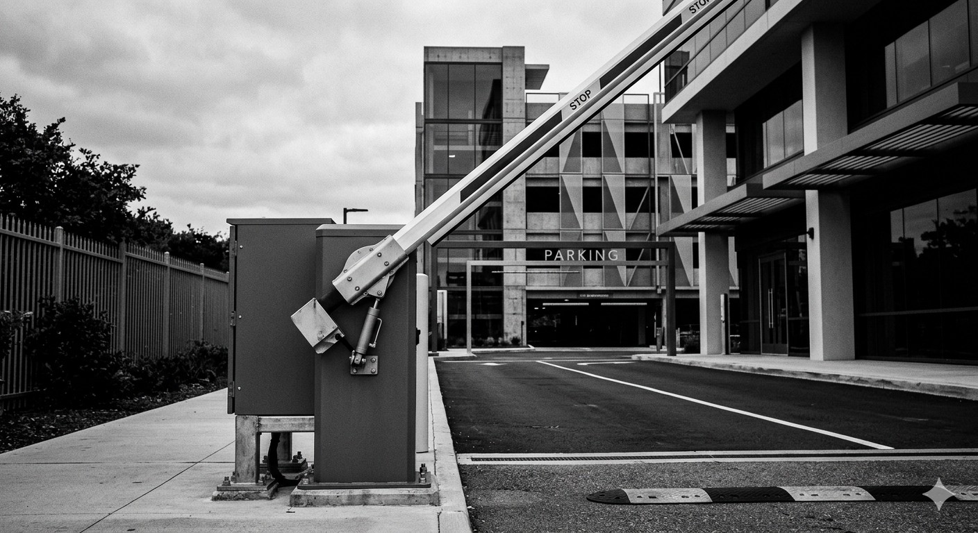 Row of barrier gate systems installed at a commercial parking facility entrance