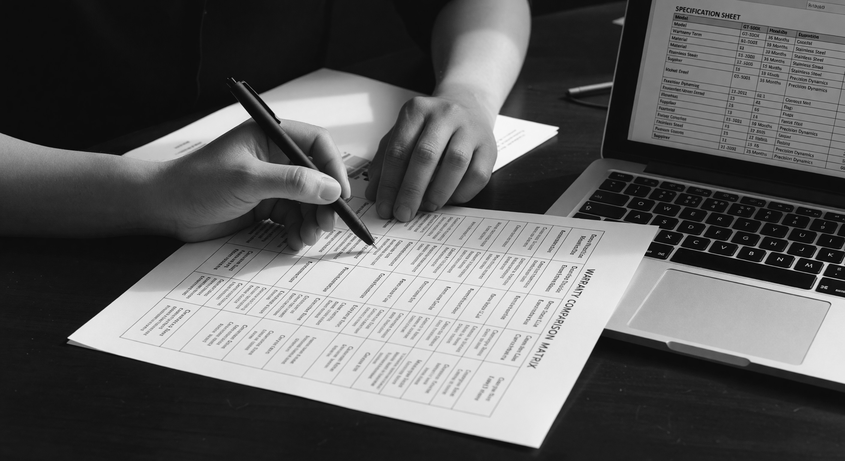 A procurement professional reviewing warranty documentation with a barrier gate operator in the background