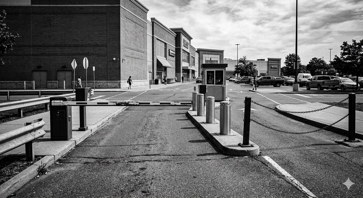 Split comparison showing a barrier gate, bollard, and chain barrier at different parking facilities