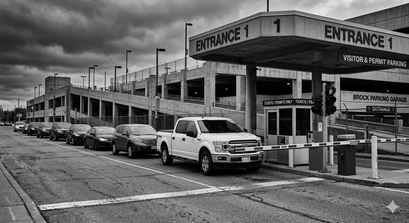 Commercial parking lot entrance with barrier gate and access control equipment