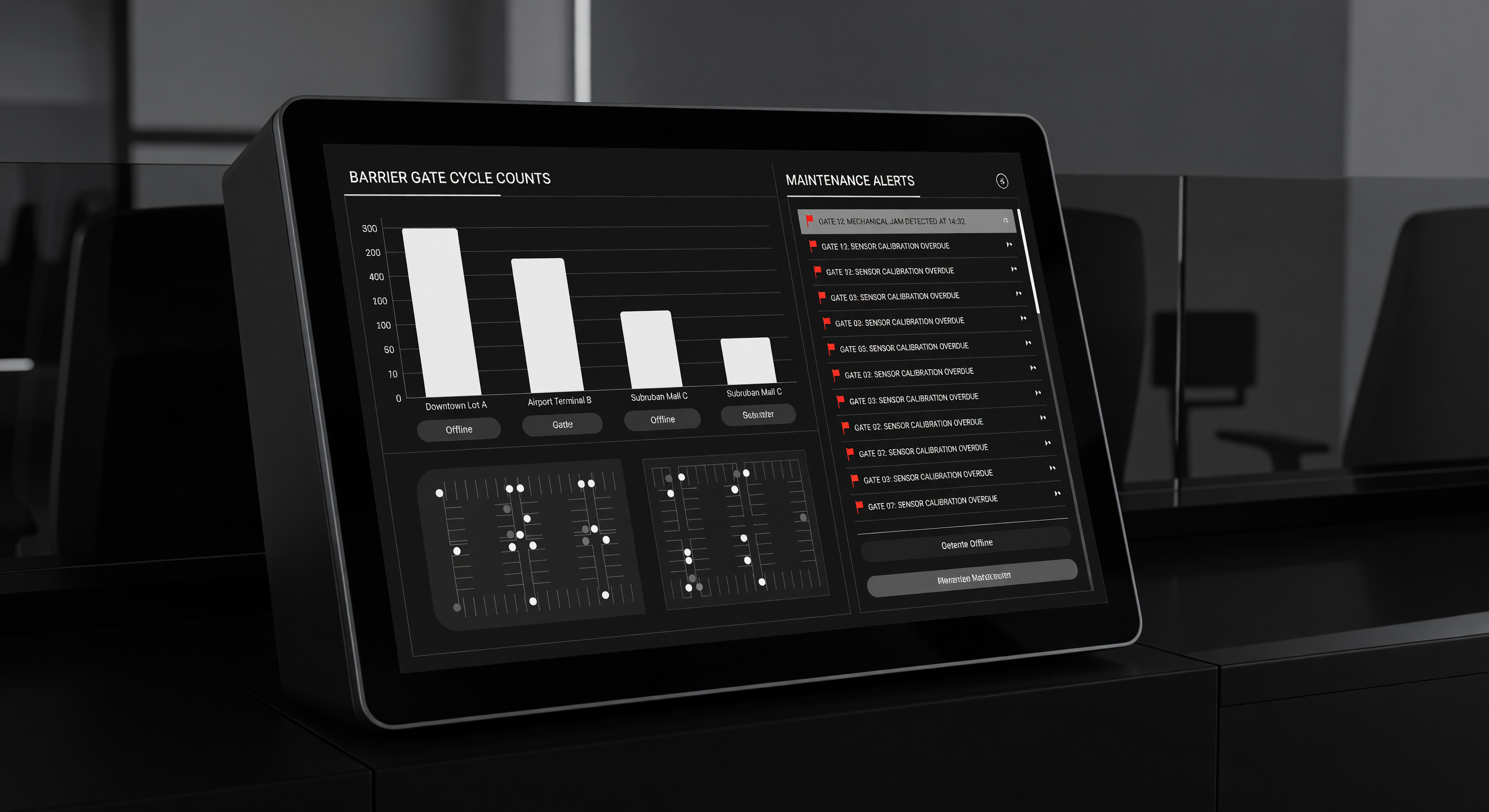 A dashboard screen displaying barrier gate cycle counts and maintenance alerts across a multi-site parking facility