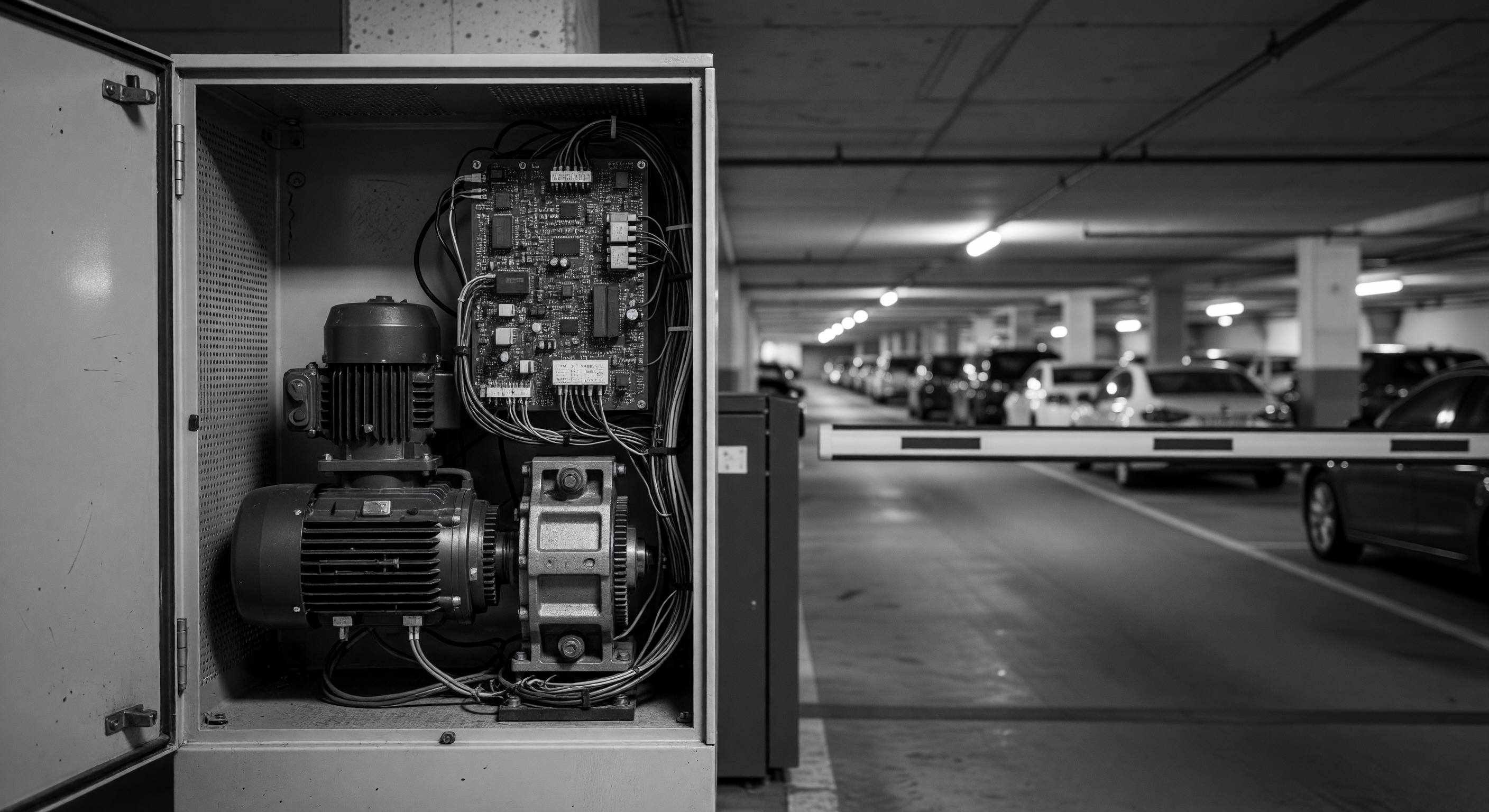 A barrier gate operator housing opened for inspection inside a busy parking garage