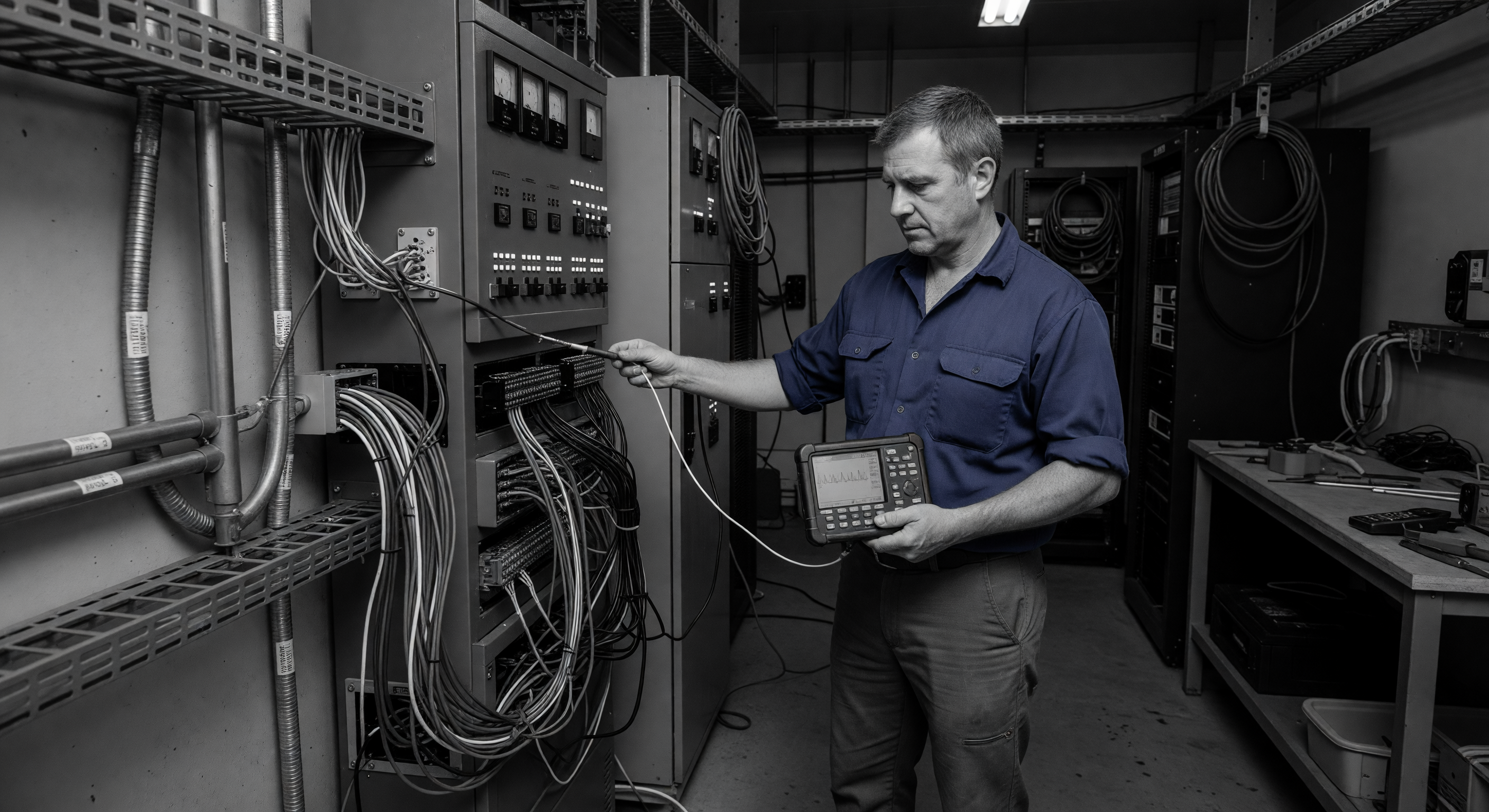 An electrical technician using a spectrum analyzer to test for electromagnetic interference near a commercial barrier gate installation