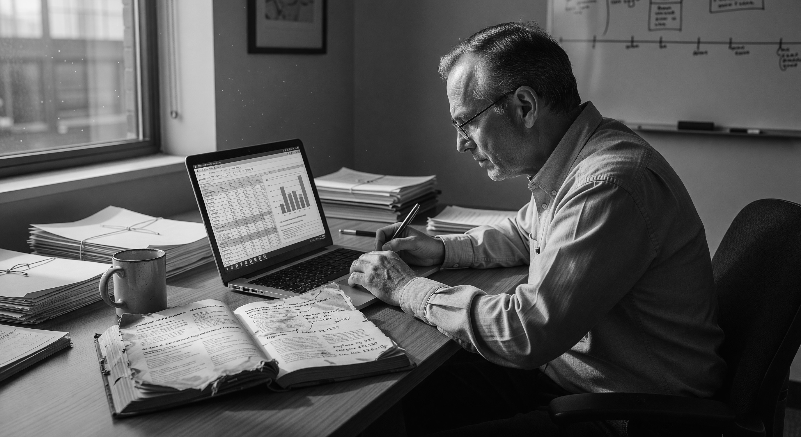 A facility manager reviewing a maintenance log and cost spreadsheet next to an aging parking barrier gate