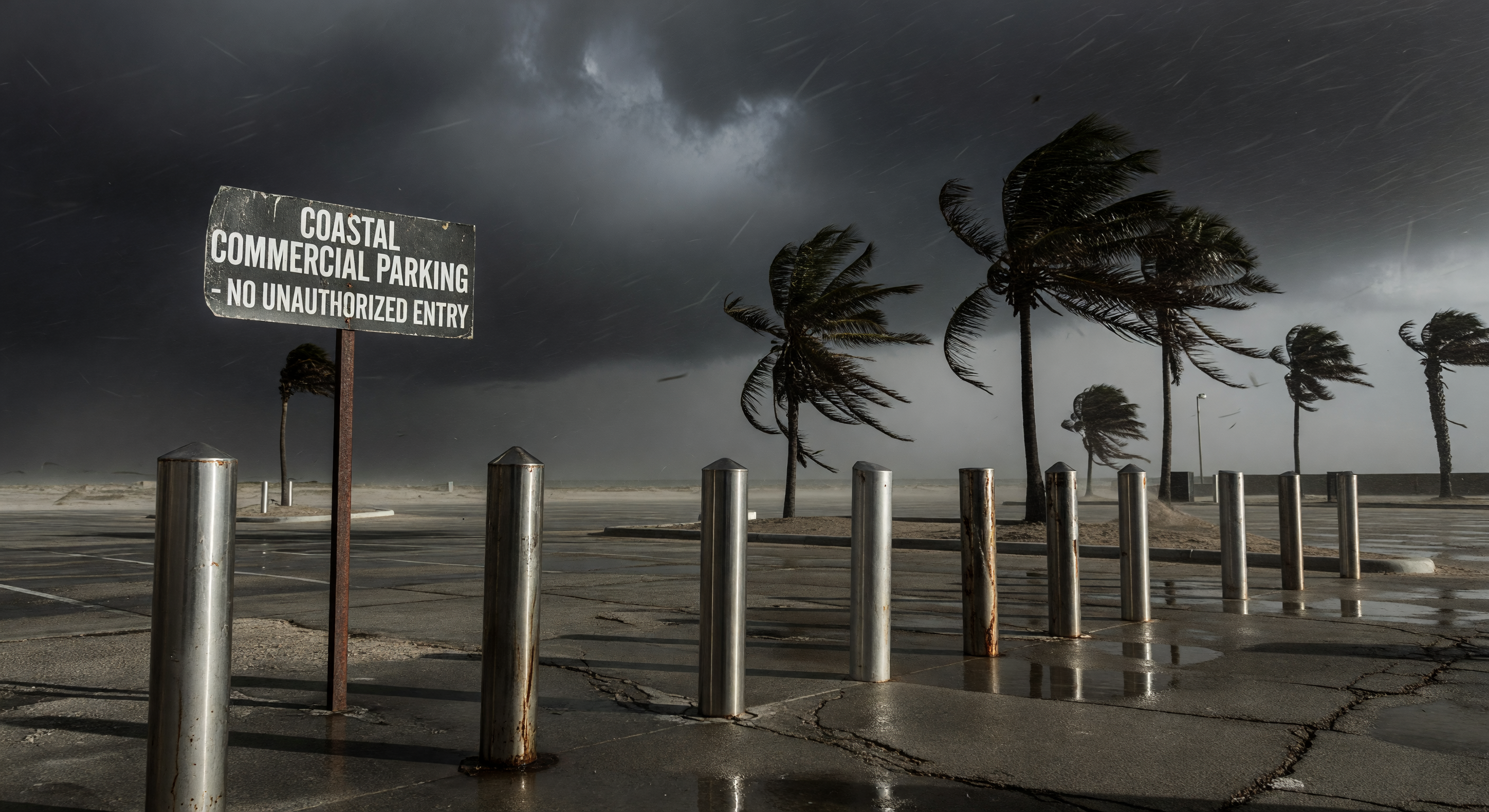 Barrier gate arm bending under high wind load at a coastal parking facility during a storm