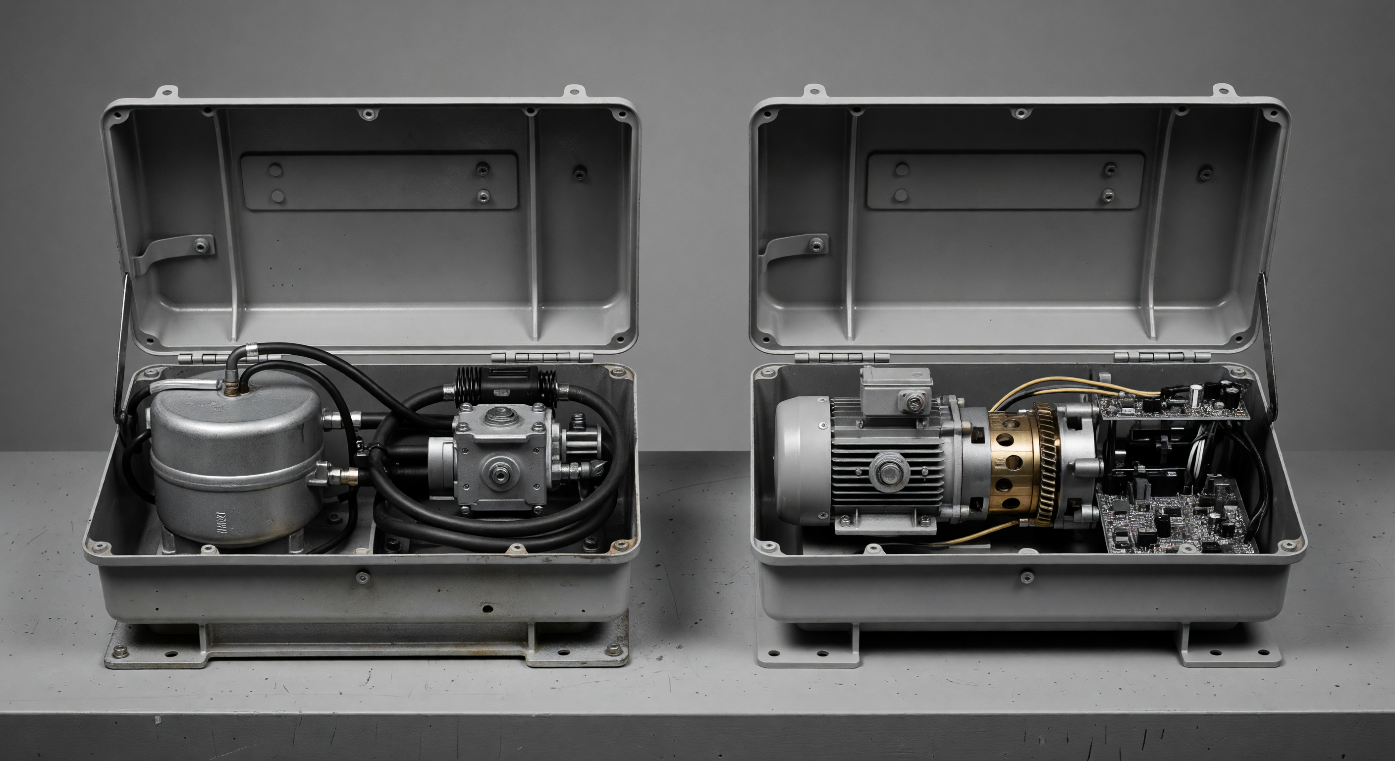 Side-by-side view of a hydraulic power pack and an electromechanical gate operator gearbox