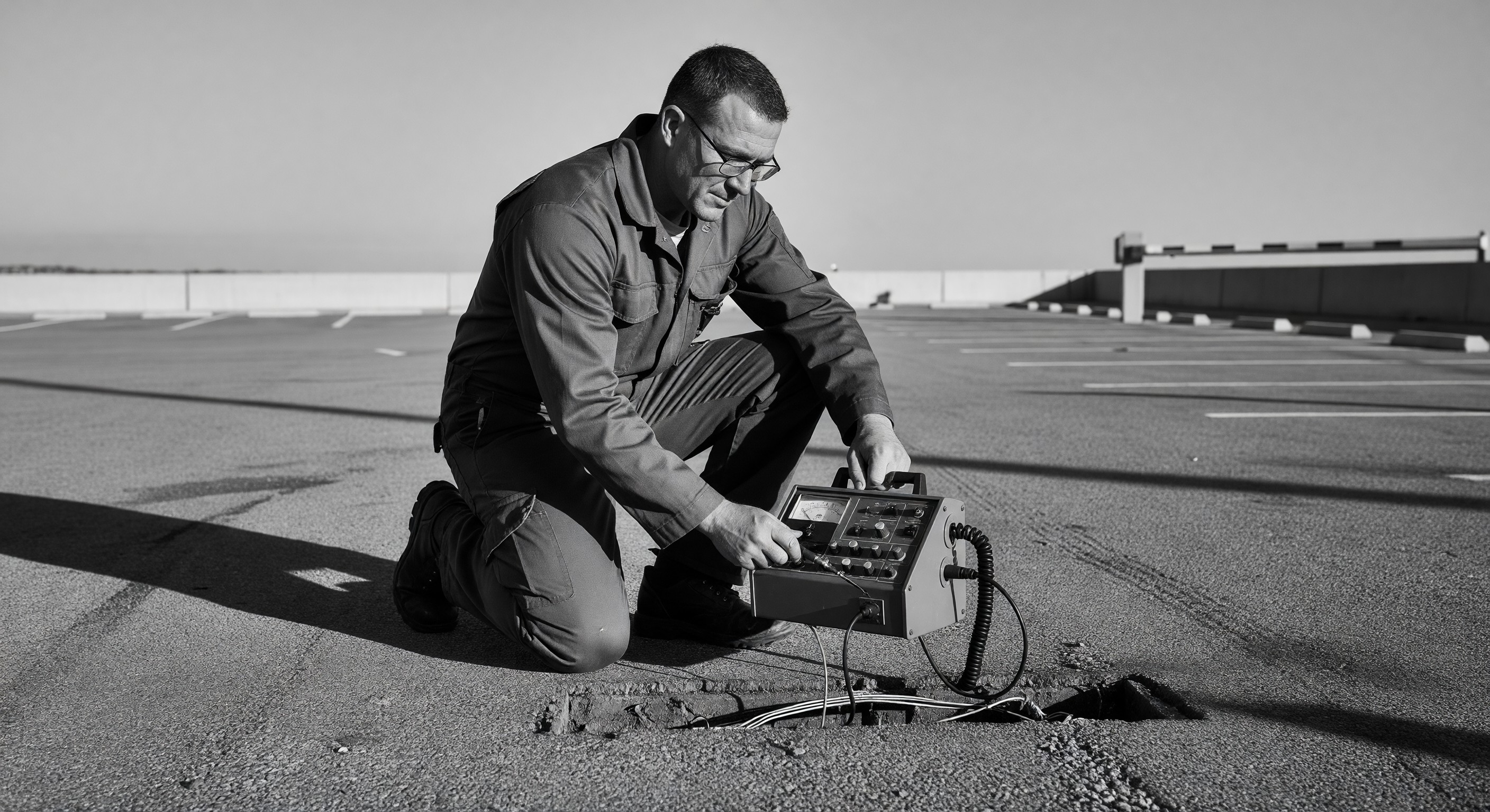 Technician testing inductive loop detector with frequency analyzer at parking lane