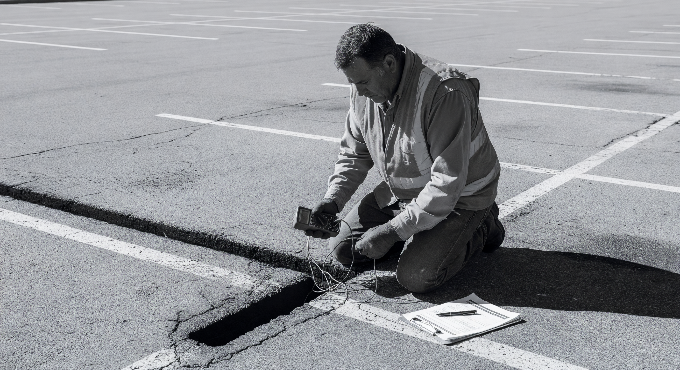 Technician with handheld multimeter measuring inductive loop in parking lot pavement
