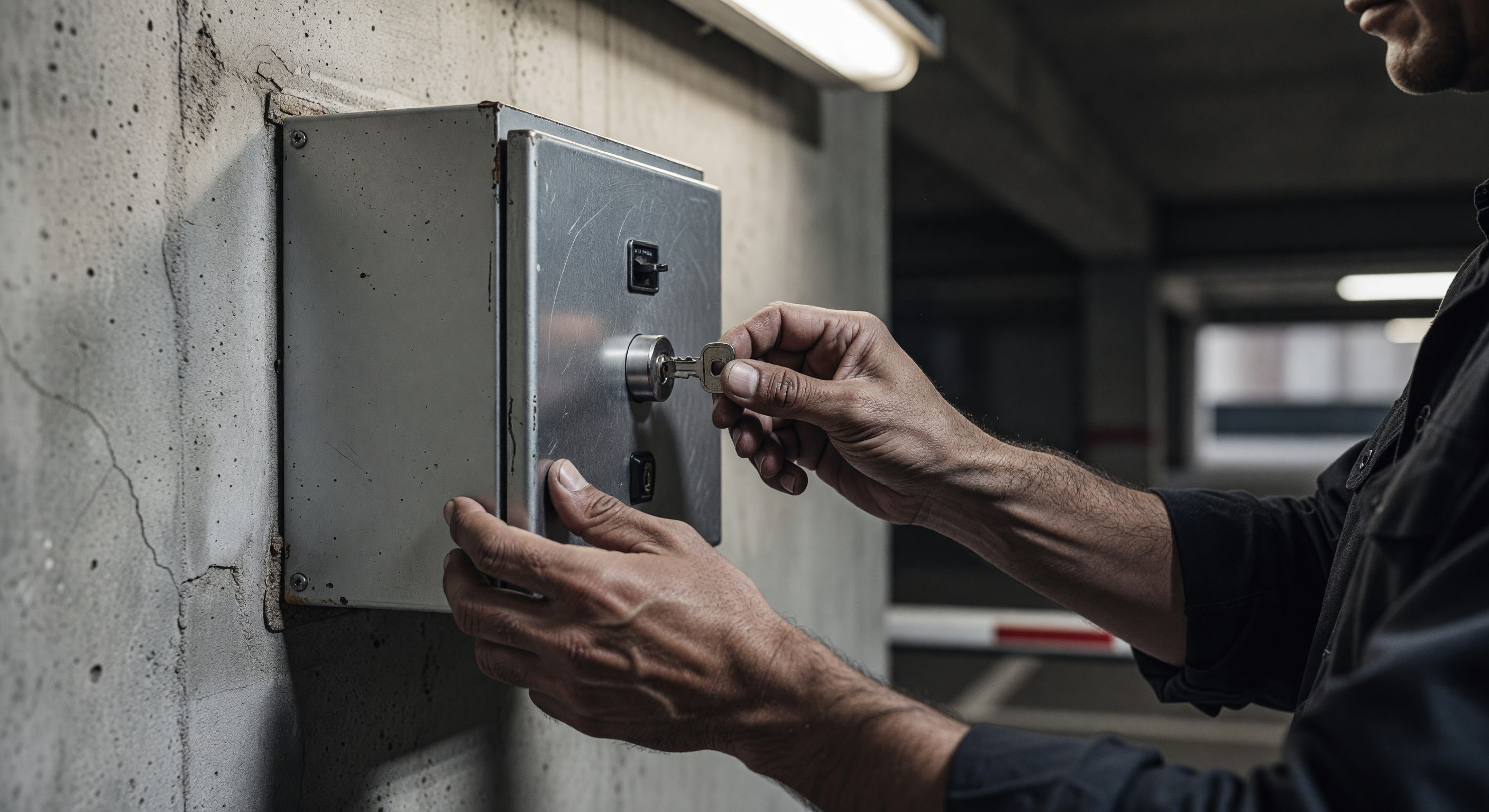 A parking facility staff member operating a manual key-switch release on a barrier gate with the housing opened