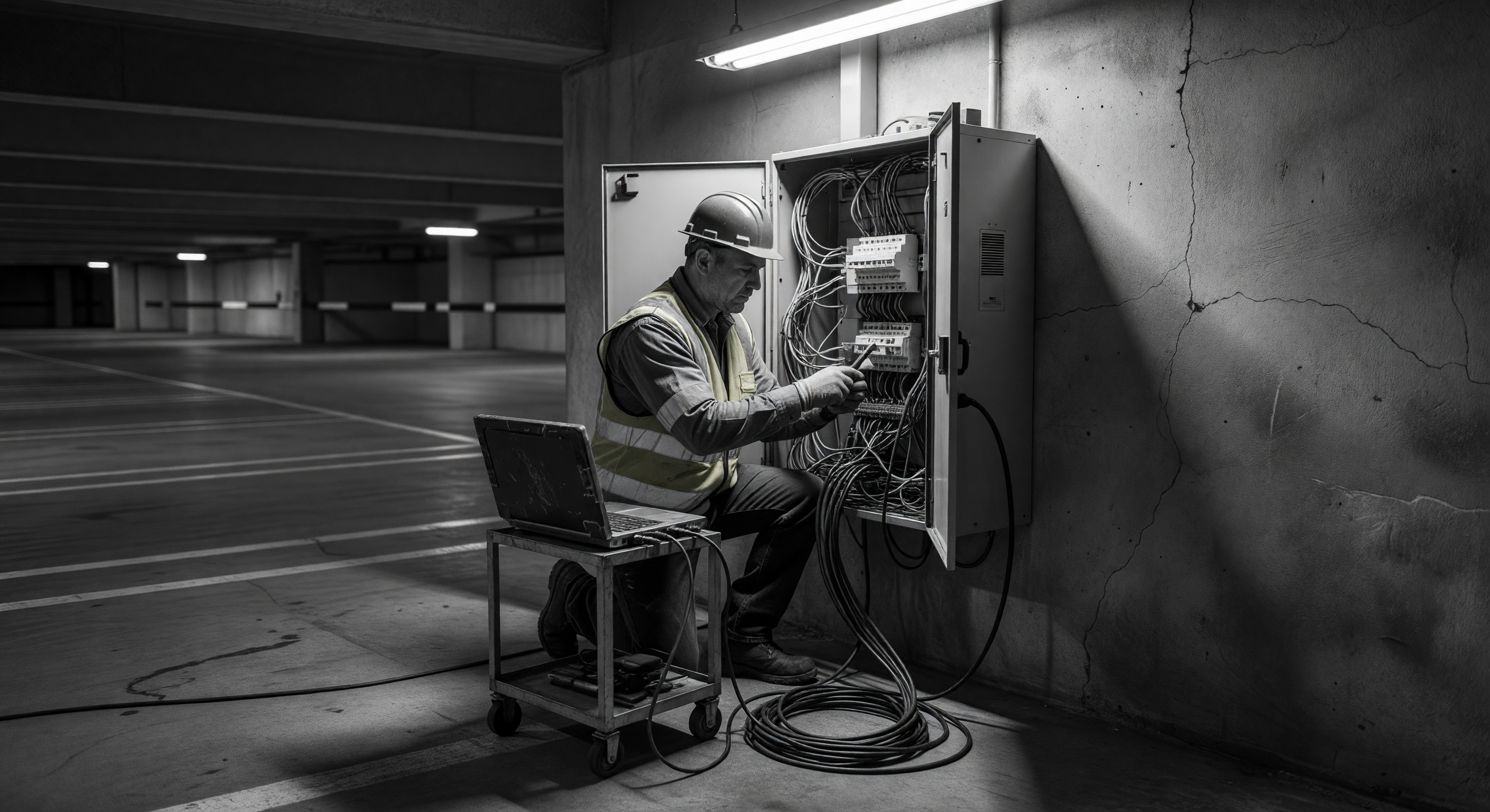A technician opening a gate operator cabinet with diagnostic tools after a power outage