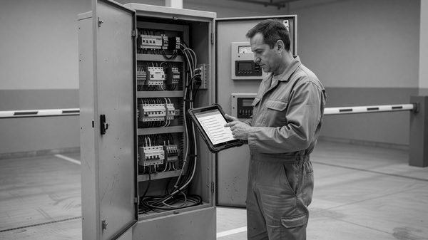 A maintenance technician holding a tablet-based PM checklist while inspecting a barrier gate operator