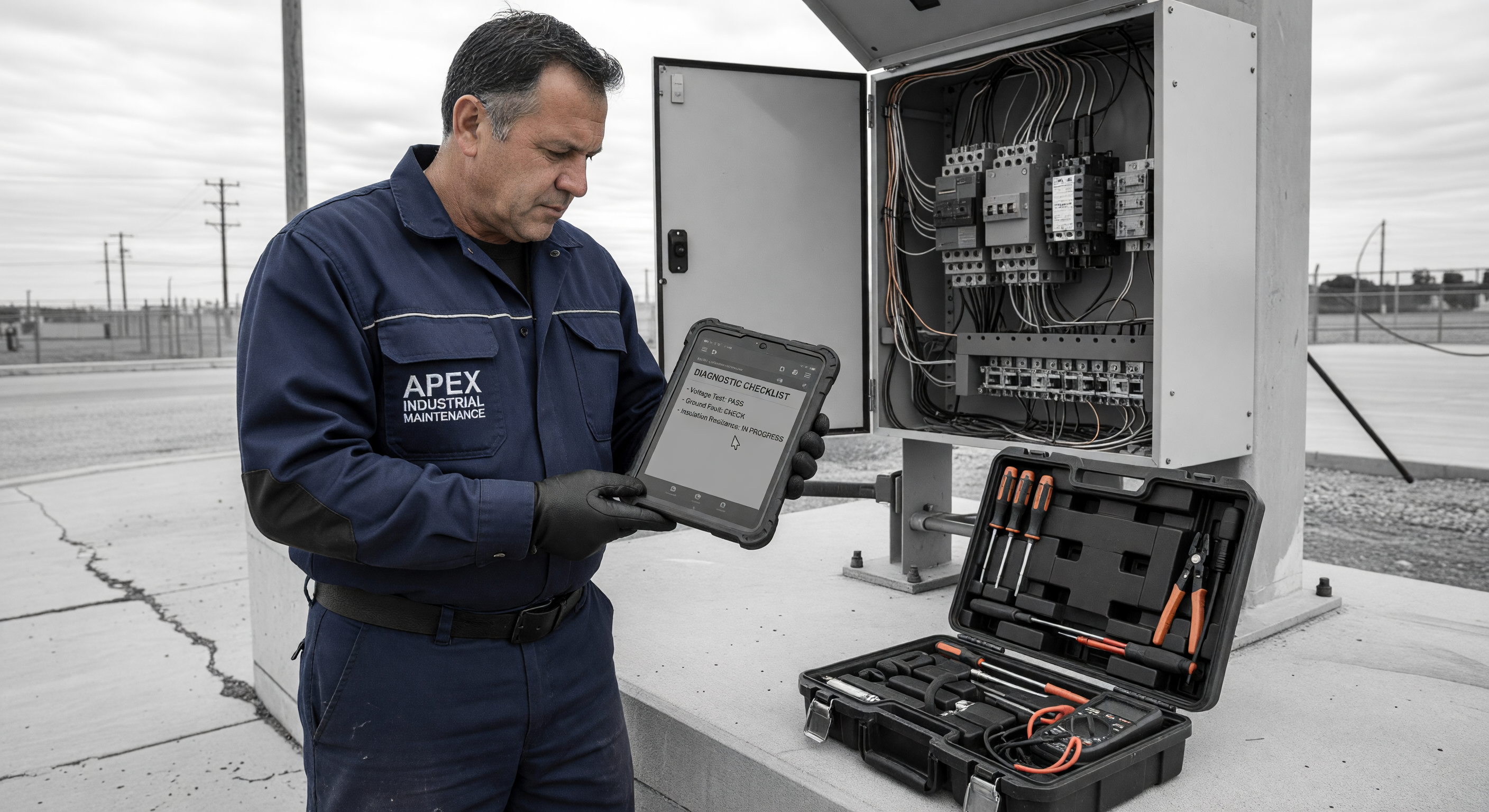 A maintenance technician holding a tablet-based PM checklist while inspecting a barrier gate operator