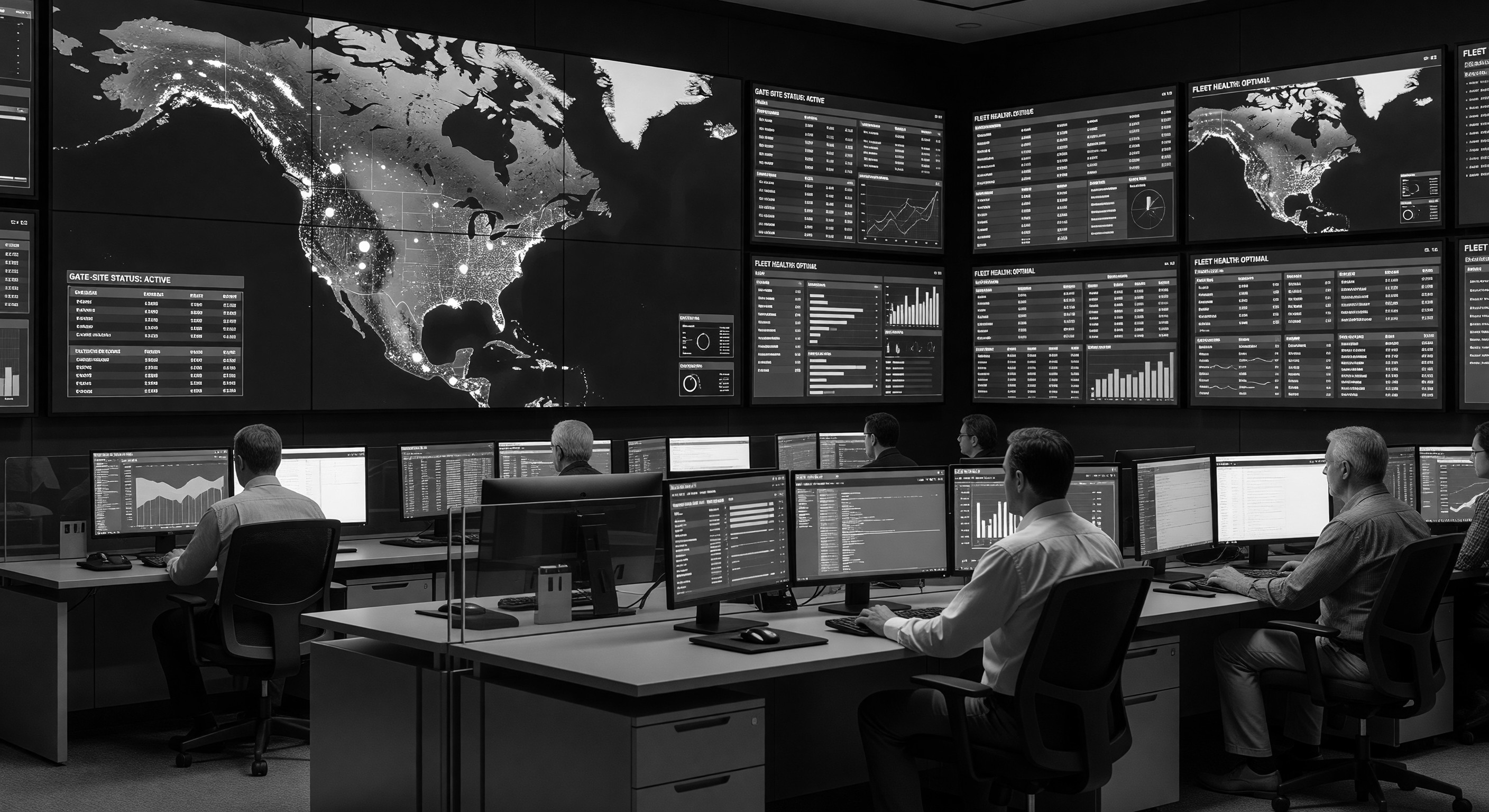 Operations control room dashboard showing a map of distributed parking gate sites with status indicators
