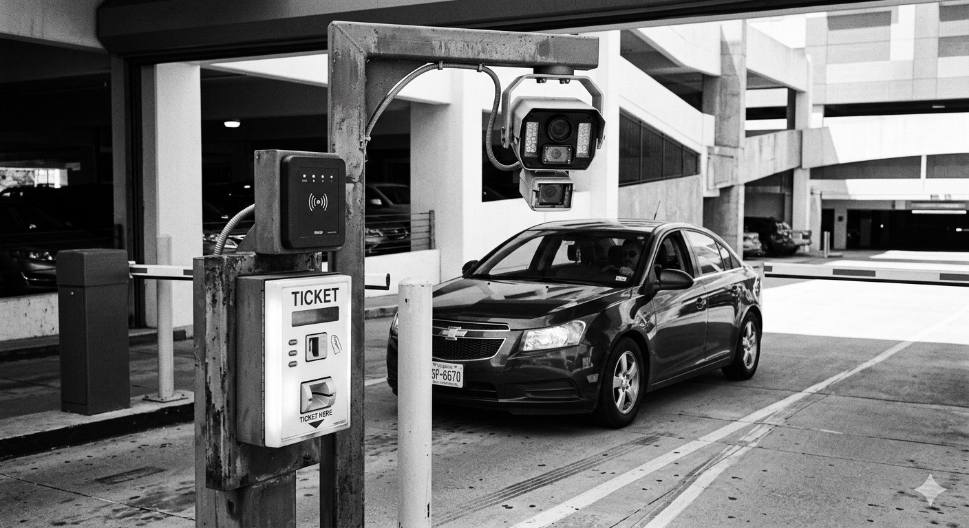 Side-by-side comparison of RFID reader, LPR camera, and ticket dispenser at a parking barrier gate