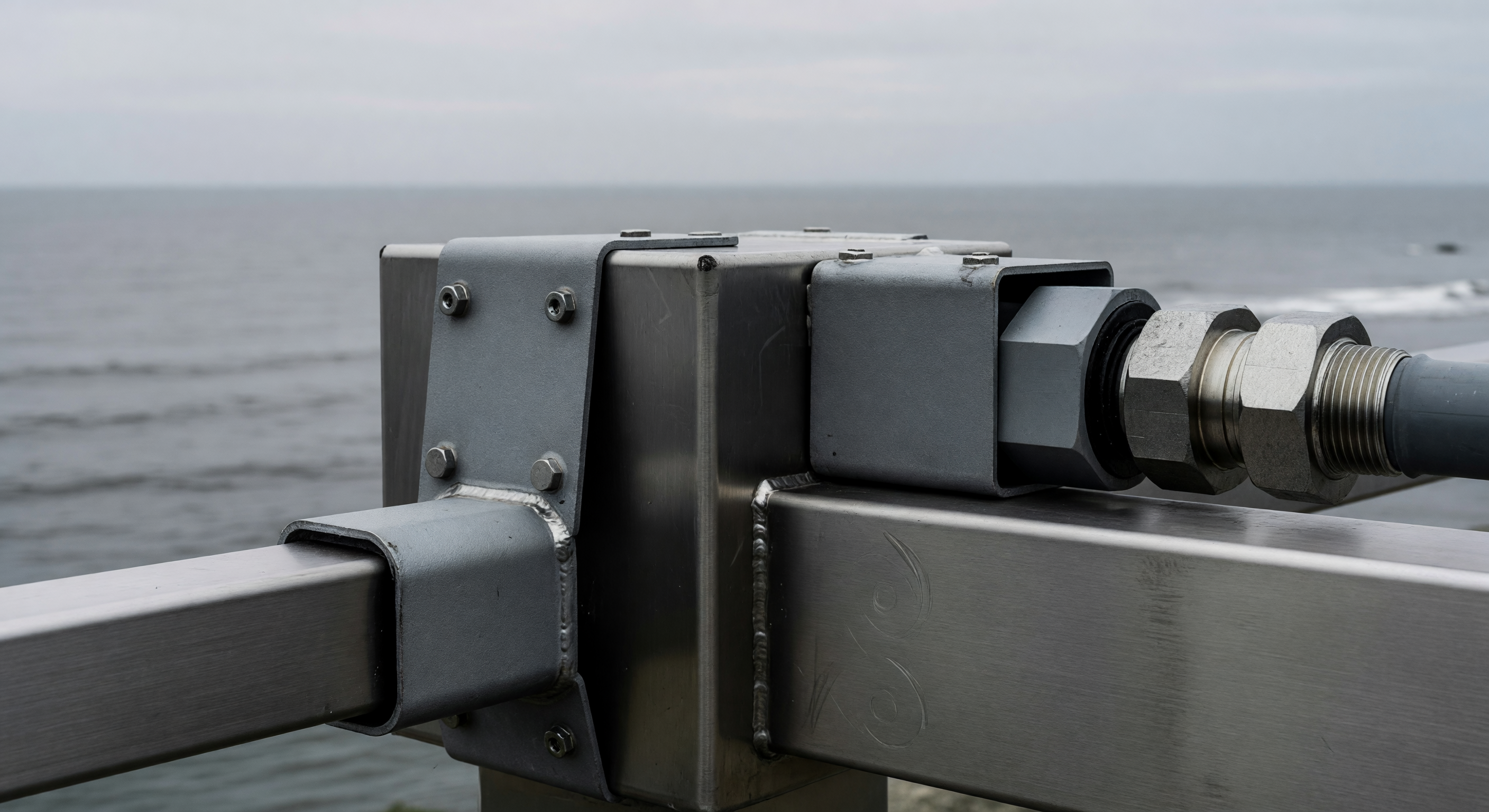 A barrier gate installed at a coastal parking facility with visible protective coating and stainless-steel hardware