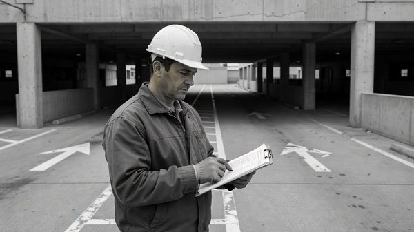 Grayscale photograph of a facility manager reviewing a compliance checklist on a clipboard at a commercial site entrance
