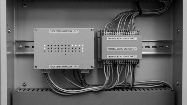 A loop detector control module mounted inside a gate cabinet with wiring terminals visible